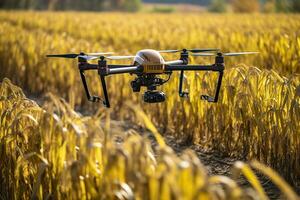 Drone monitoring crops and smart agriculture in a digital farming.  AI Generative photo