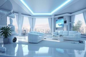 A professional and eye catching light blue with white living room in the metaverse.  AI Generative photo