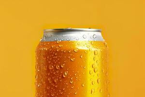 Can of fresh soda with water drops on orange background, closeup. Generative AI photo