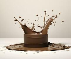 Chocolate splash with a podium, mockup background for milk product display, 3d. Generative AI photo