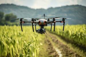 Drone monitoring crops and smart agriculture in a digital farming.  AI Generative photo