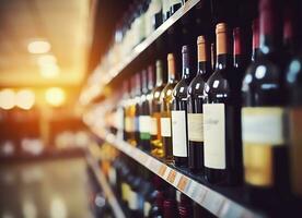 resumen difuminar vino botellas en espíritu alcohol estantería en supermercado Tienda antecedentes. generativo ai foto