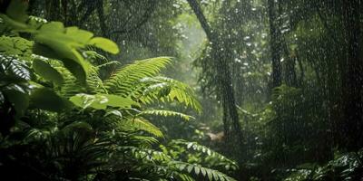 Rain falls in a rainforest with the rain drops. Generative AI photo