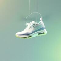 A white, blue, and green casual shoe is suspended in the air, in the style of hazy, dreamlike quality, AI Generative photo