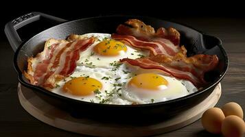 Bacon and eggs in a pan. Composition with tasty fried eggs and bacon on wooden table. AI Generative photo