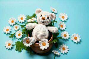 Isolated amigurumi teddy bear with daisies on a blue baby themed background AI Generated photo