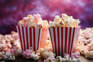 Cinematic delight Fresh popcorn pops in vibrant pink, gracing a cinematic  themed table AI Generated photo