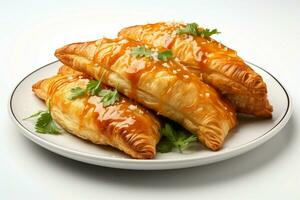 Golden empanadas, stuffed with savory fillings, on a clean white background AI Generated photo