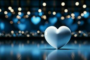 Contrast of empty white table with blurred blue heart wall background mesmerizing ambiance AI Generated photo