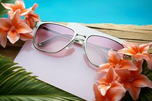 Summer holiday vibes Beach accessories, sunglasses, vibrant flowers, and palm leaves AI Generated photo