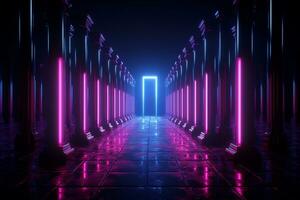 Glowing columns, 3D backdrop, and a neon-framed canvas unite for captivating aesthetics. AI Generated photo