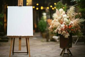 Waiting to hold memories empty white board on stand, an essential wedding element AI Generated photo