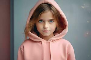 Portrait of a little girl wearing a hood. Sportswear advertising concept. Banner. photo