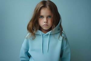 retrato de un pequeño niña vistiendo un capucha. ropa de deporte publicidad concepto. bandera. foto