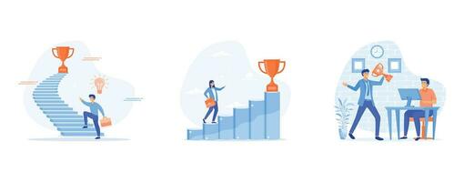 Business people holding trophy cup standing on the stair. Successful businessmen holding golden trophy up. set flat vector modern illustration