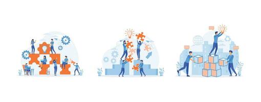 The concept of joint teamwork, team building and brainstorming, people connecting pieces of puzzles, set flat vector modern illustration