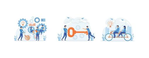 Communication and teamwork concept, people working together in team, entrepreneur go to the door with a key, Creative Idea Teamwork. set flat vector modern illustration