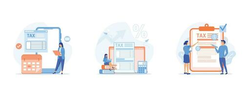 Taxation planning concept, Characters using tax calendar to filling tax declaration form online and with financial advice. set flat vector modern illustration