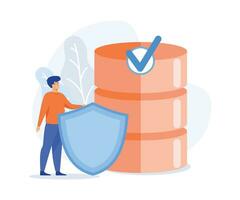 Concept of secured database, Man holding shield and server or hard disks, flat vector modern illustration