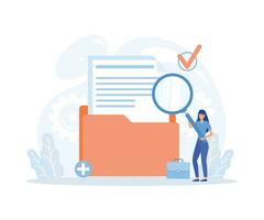 Storage and indexing of information, female worker search files in big folder. User and data archive. Database, flat vector modern illustration