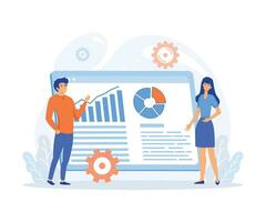 Concept of targeting strategy.  Colleagues prepare presentation, market research. flat vector modern illustration