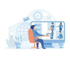 Video conferencing and online communication concept. People group on computer screen taking with colleague. flat vector modern illustration