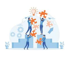 Team work, team building, corporate organization, problem solving, innovative business approach, brainstorming, people with puzzle pieces. flat vector modern illustration