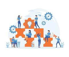 The concept of joint teamwork, people connecting pieces of puzzles, cooperation and business partnership.  flat vector modern illustration