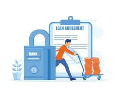 loan agreement concept. man push a trolly with stack of coin, get loan from bank, flat vector modern illustration