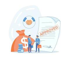 personal loan or financial support concept. Businessman shaking hand with loan agreement and money bag. Loan agreement borrow money from bank, flat vector modern illustration