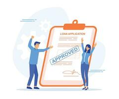 loan approval, application document with approved stamp in hand . People borrow money from bank, flat vector modern illustration