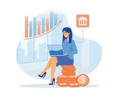 investment and savings, Financial consultant leaning on a stack of coins, Successful investor or entrepreneur, flat vector modern illustration