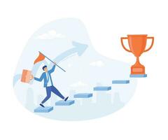 Inspiration for success, businessman going up the step with big golden trophy on top. flat vector modern illustration