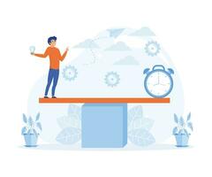 Payment of creativity. Balance between time and cost of an idea, scales with clock and businessman, flat vector modern illustration