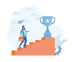 Businesswoman climbing ladder to golden trophy, inspiration to success, flat vector modern illustration