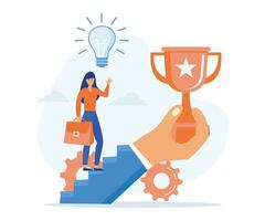 success motivation concept,  a businesswoman going up the stairs with a hand holding a trophy,  flat vector modern illustration