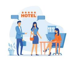 Receptionist job concept, Customer consulting manager at reception. Tourists checking in to hotel, flat vector modern illustration