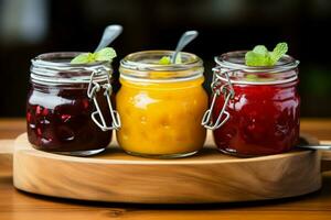 Assorted fruit jams, glass jars on wooden plate, held in closeup by woman AI Generated photo