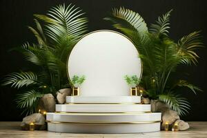 Product spotlight 3D white gold podium mockup, enhanced by palm leaves decoration AI Generated photo