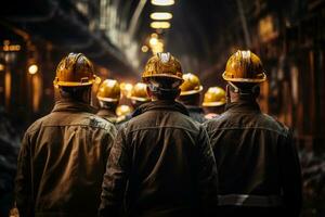 Team of construction workers don safety helmets for engineering project collaboration  AI Generated photo