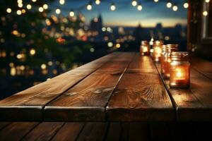 Glowing bokeh lights accentuate wooden table amidst a blurred restaurant backdrop AI Generated photo