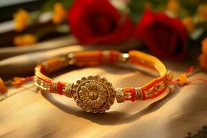 Symbolic bond Indian Raksha Bandhan wristband on display, resting gracefully on a table AI Generated photo
