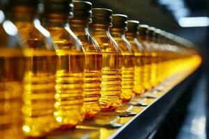 Efficient production line in the food industry bottling refined sunflower oil AI Generated photo