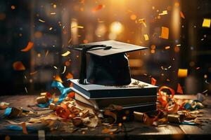 en medio de papel picado, un graduación gorra y libros significar educativo triunfo y celebracion ai generado foto