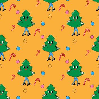 Christmas tree. In psychedelic groovy style. Seamless pattern vector