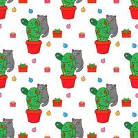 Cat and Christmas tree, eco cactus new year. vector