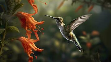 Hummingbird flying to pick up nectar from a beautiful flower. Digital artwork. AI Generative photo