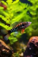 In the aquarium with plants and stones. The spinytail has a variety of color varieties including red, orange, yellow, blue and green. AI Generative photo