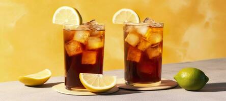 Glasses of tasty Long Island iced tea on light background. AI Generative photo