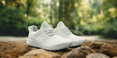 blanco blanco Deportes Zapatos Bosquejo con natural tema antecedentes. ai generativo foto